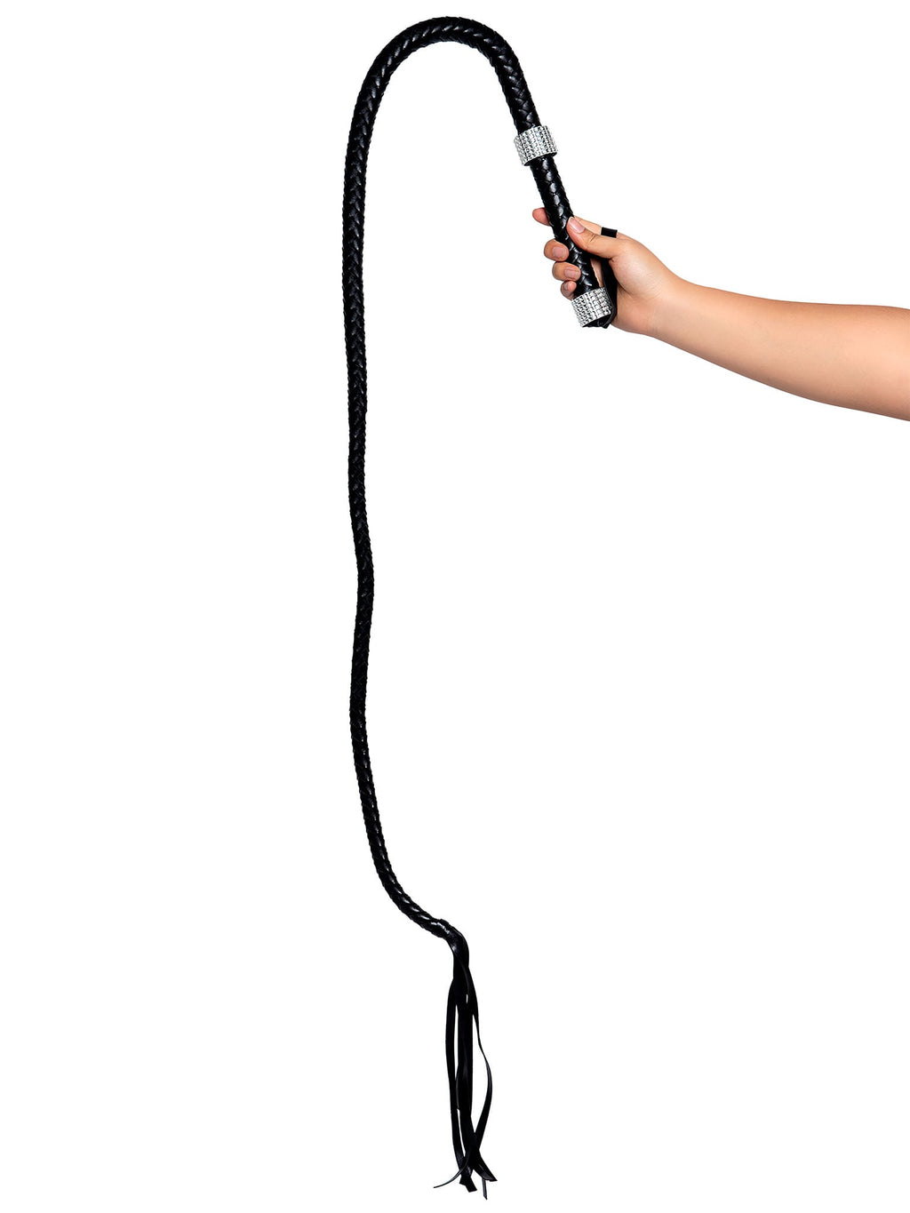 Faux Leather 54"" Braided Whip with Rhinestone Look Handle Accent