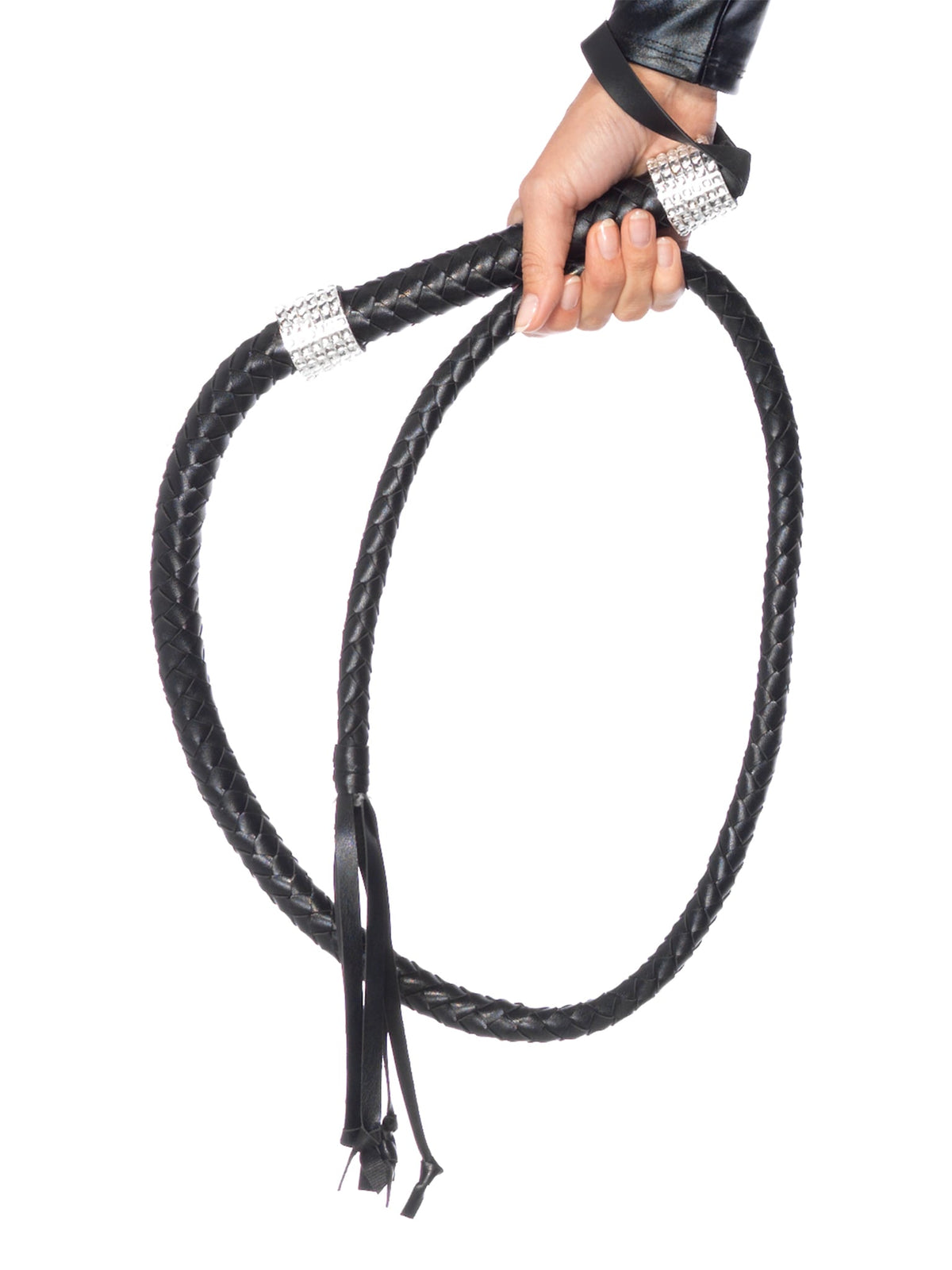 Faux Leather 54"" Braided Whip with Rhinestone Look Handle Accent