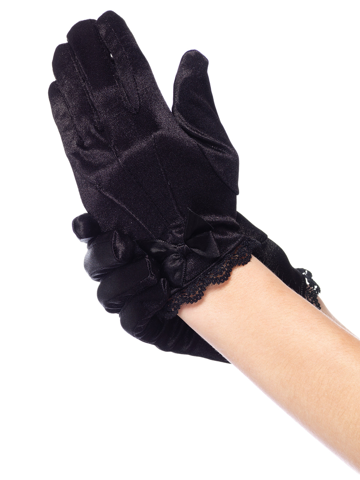 Lace Trimmed Satin Gloves with Bow Accent