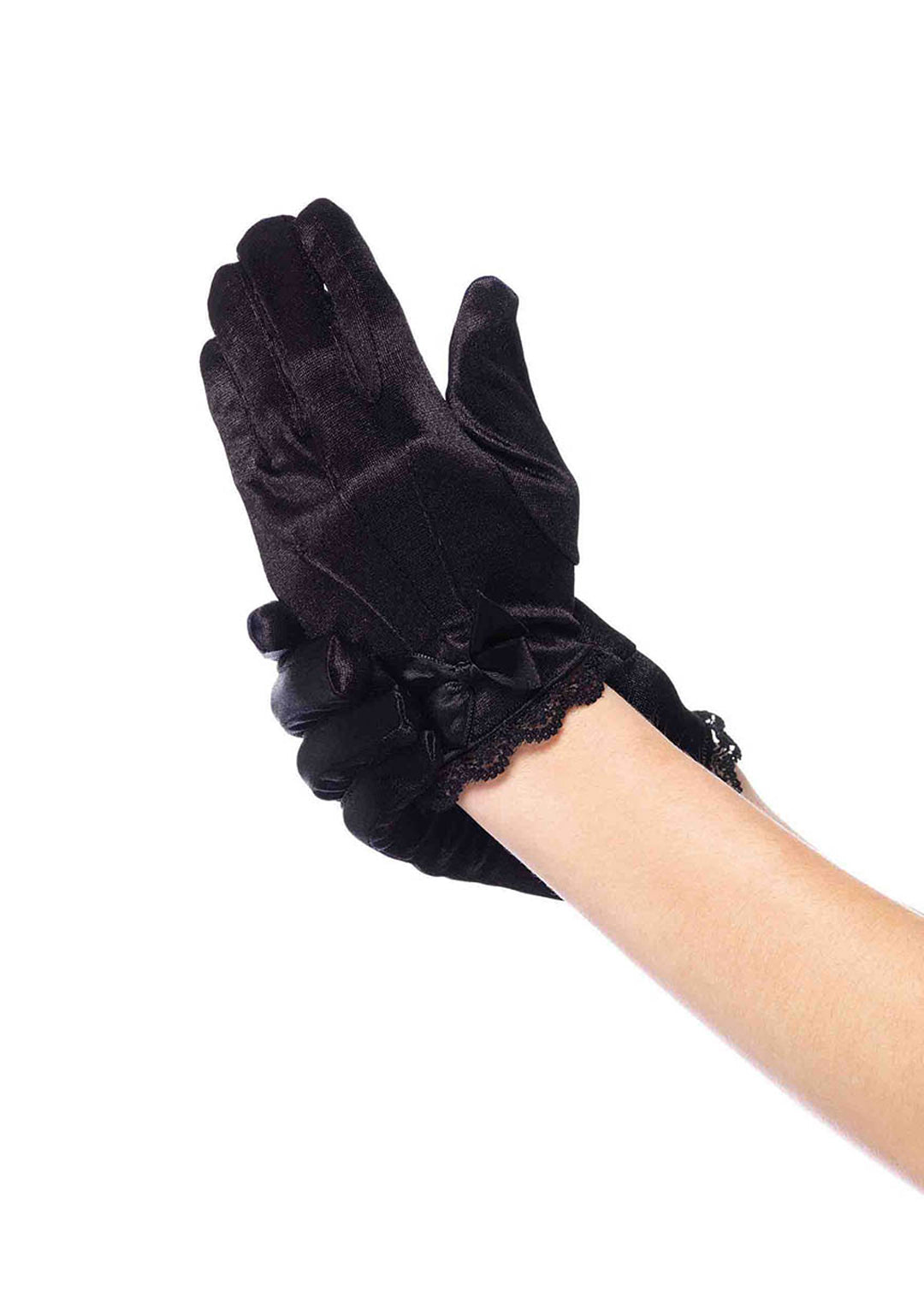 Lace Trimmed Satin Gloves with Bow Accent