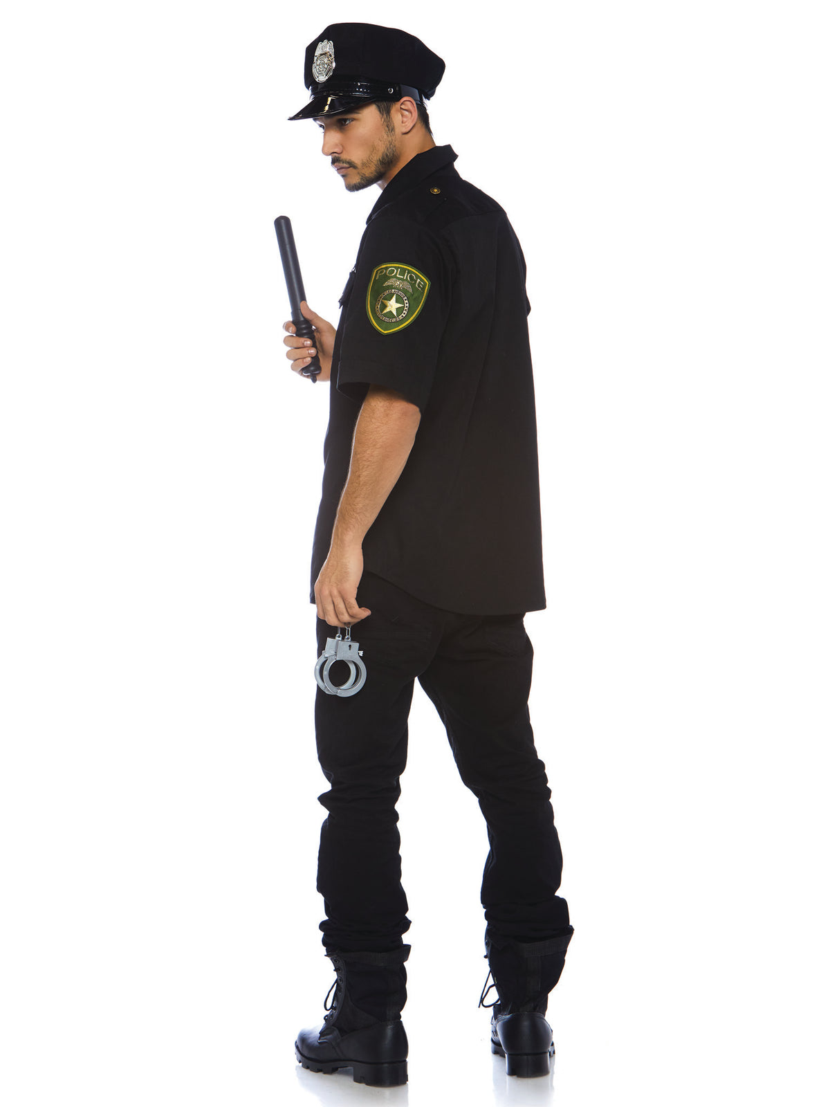 Men's 4 PC Cuff Em' Cop Costume, Includes Button Front Shirt, Hat, Baton, and Toy Handcuffs