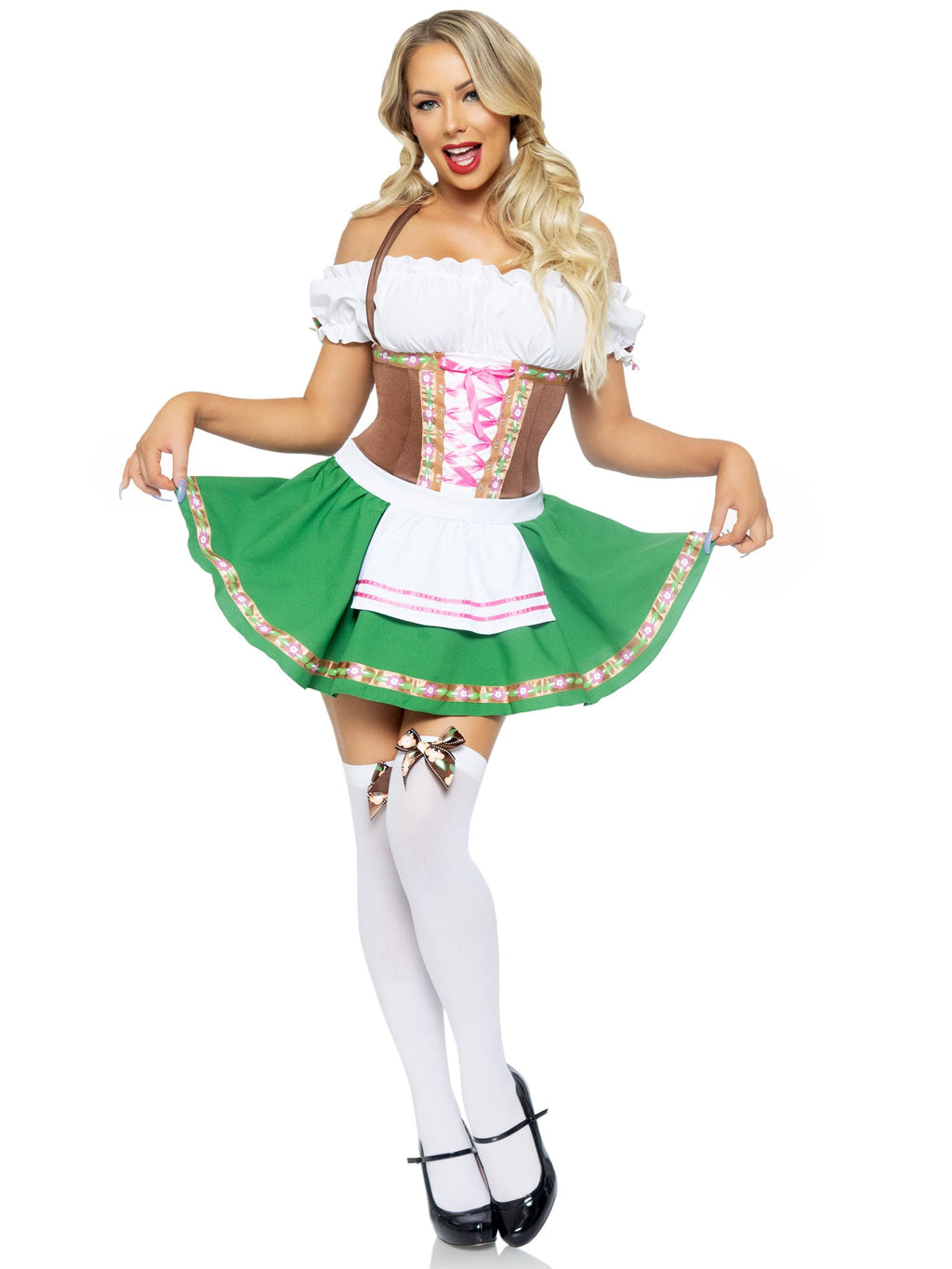 2 PC Gretchen Costume, Includes Peasant Top Dress with Satin Ribbon Trim and Stockings with Matching Bows