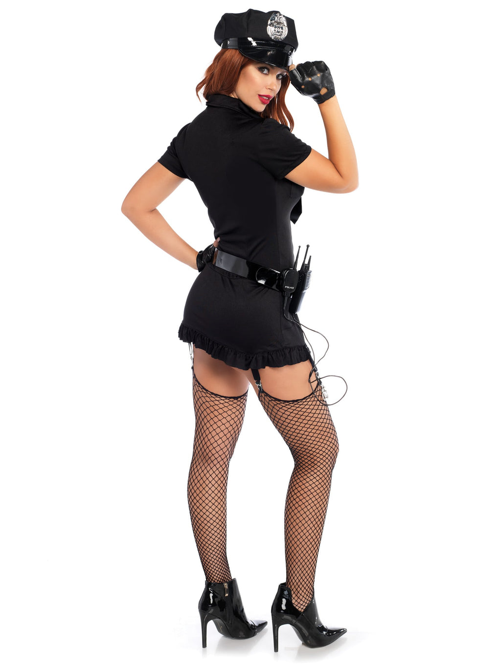 6 PC Dirty Cop Costume, Includes Button Front Dress, Hat, Gloves, Belt, Tie, and Toy Walkie-Talkie