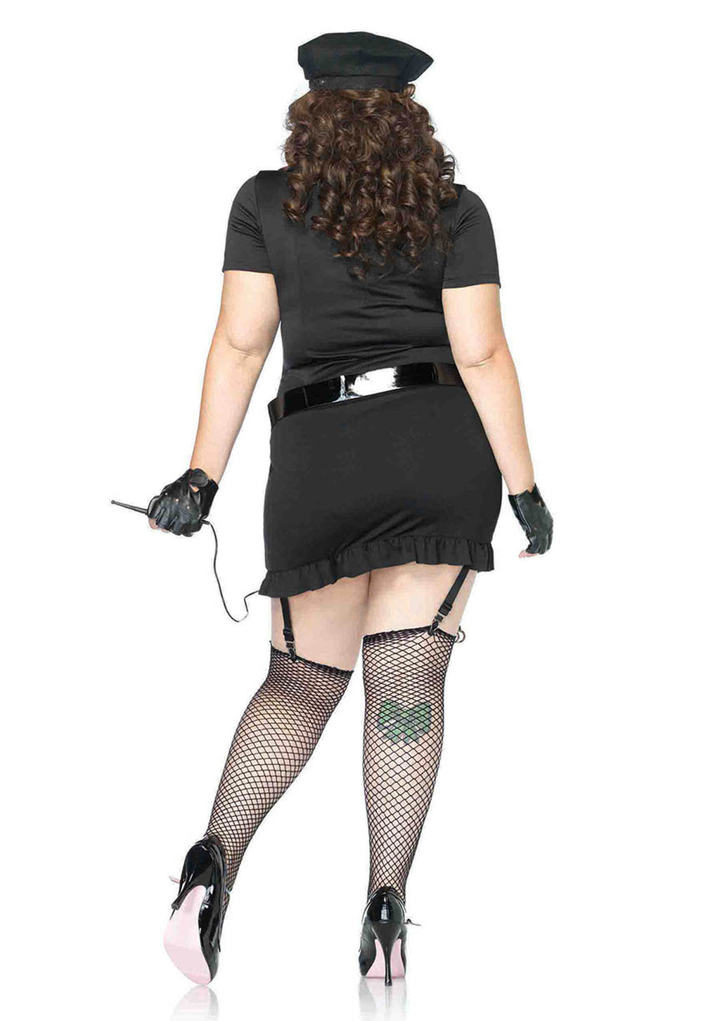Plus Size 6 PC Dirty Cop Costume, Includes Button Front Dress, Hat, Gloves, Belt, Tie, and Toy Walkie-Talkie