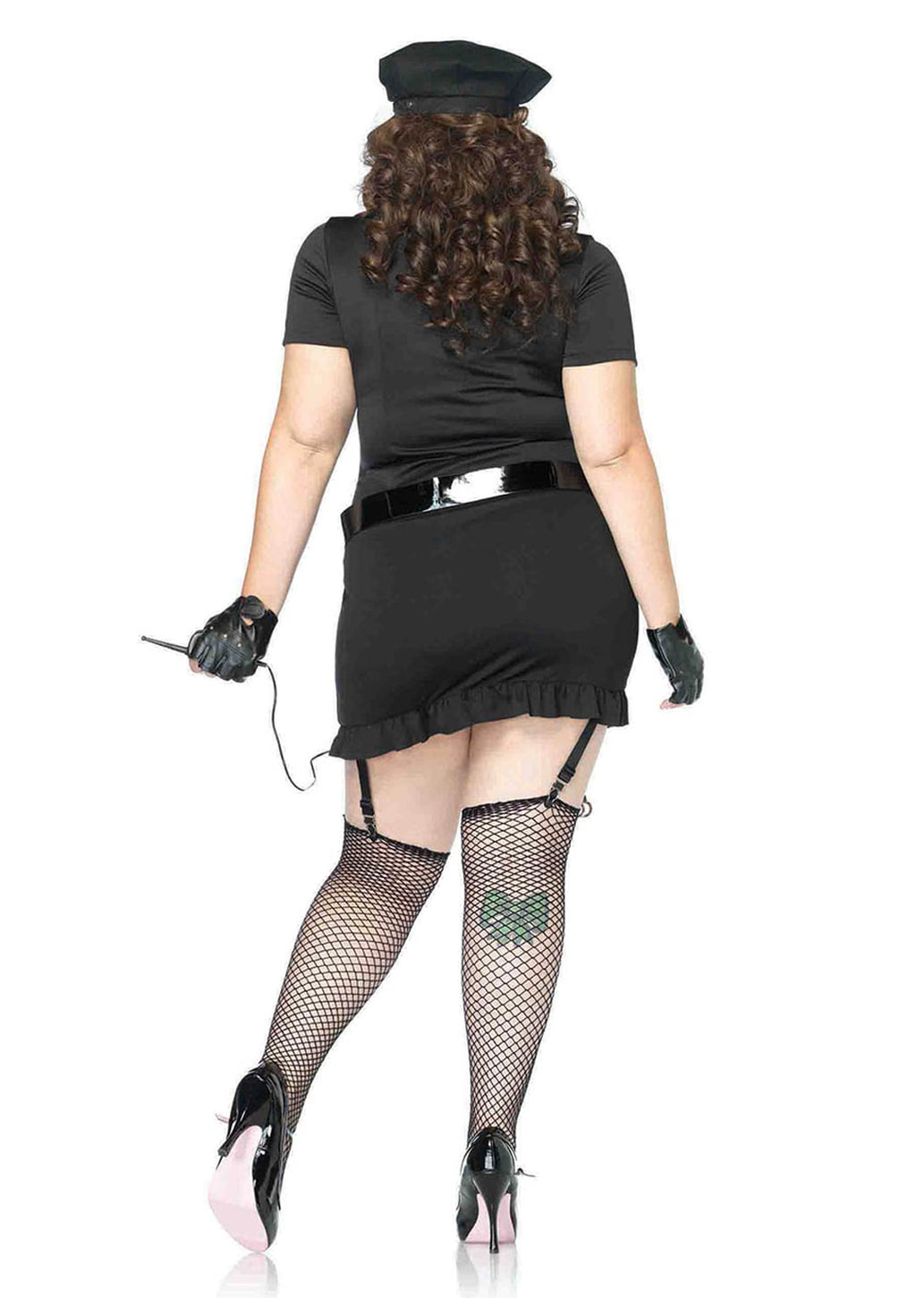 Plus Size 6 PC Dirty Cop Costume, Includes Button Front Dress, Hat, Gloves, Belt, Tie, and Toy Walkie-Talkie