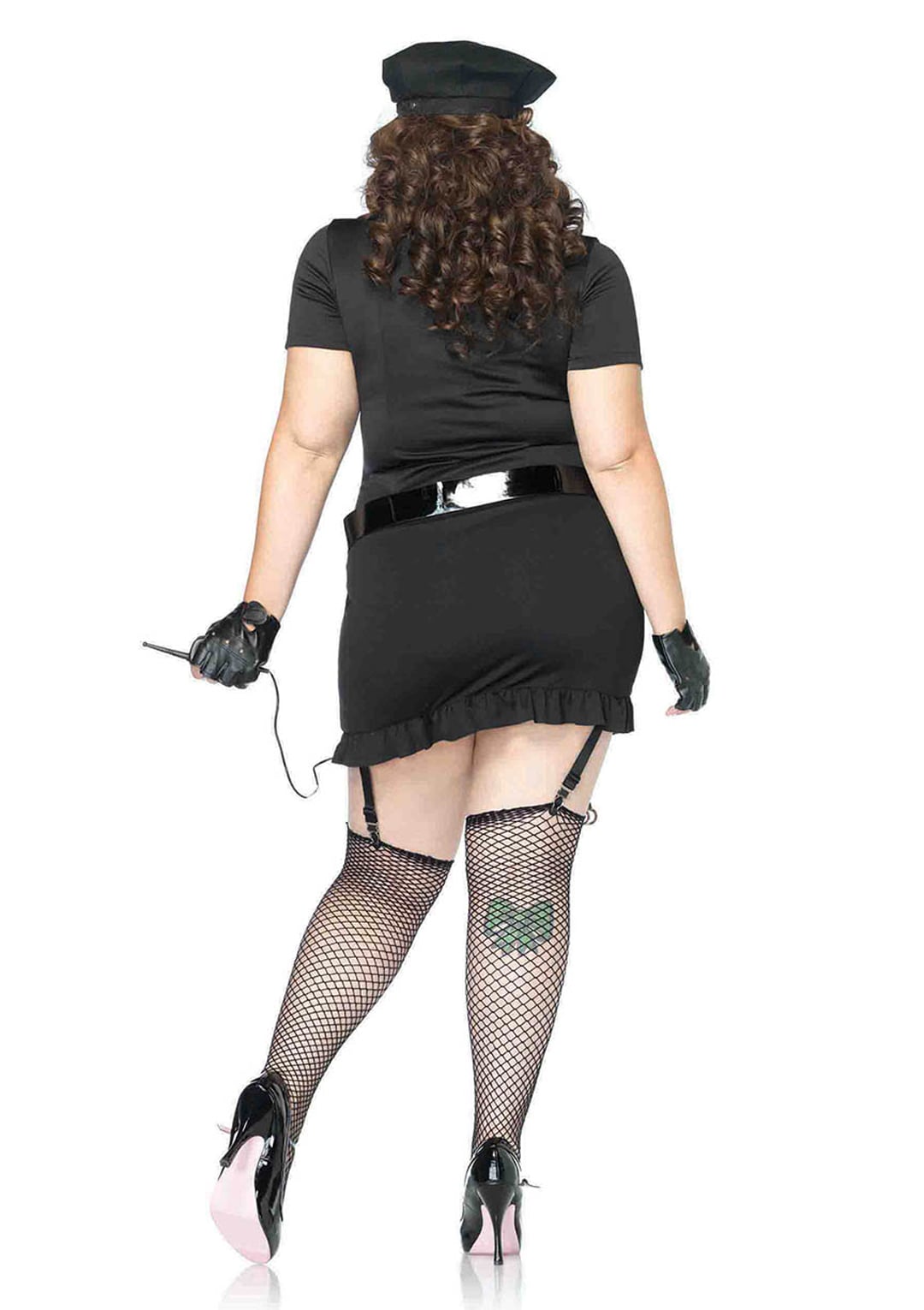 Plus Size 6 PC Dirty Cop Costume, Includes Button Front Dress, Hat, Gloves, Belt, Tie, and Toy Walkie-Talkie