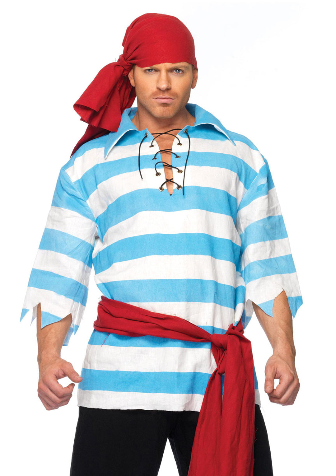 Men's 4 PC Pillaging Pirate Costume, Includes Striped Shirt, Tattered Pants, Waist Sash, and Head Scarf