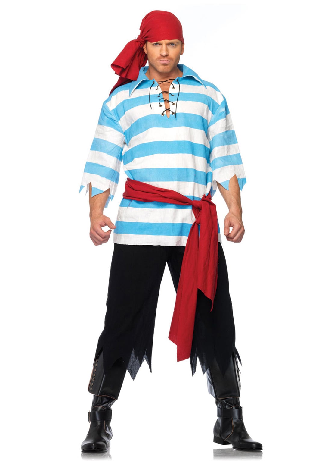 Men's 4 PC Pillaging Pirate Costume, Includes Striped Shirt, Tattered Pants, Waist Sash, and Head Scarf
