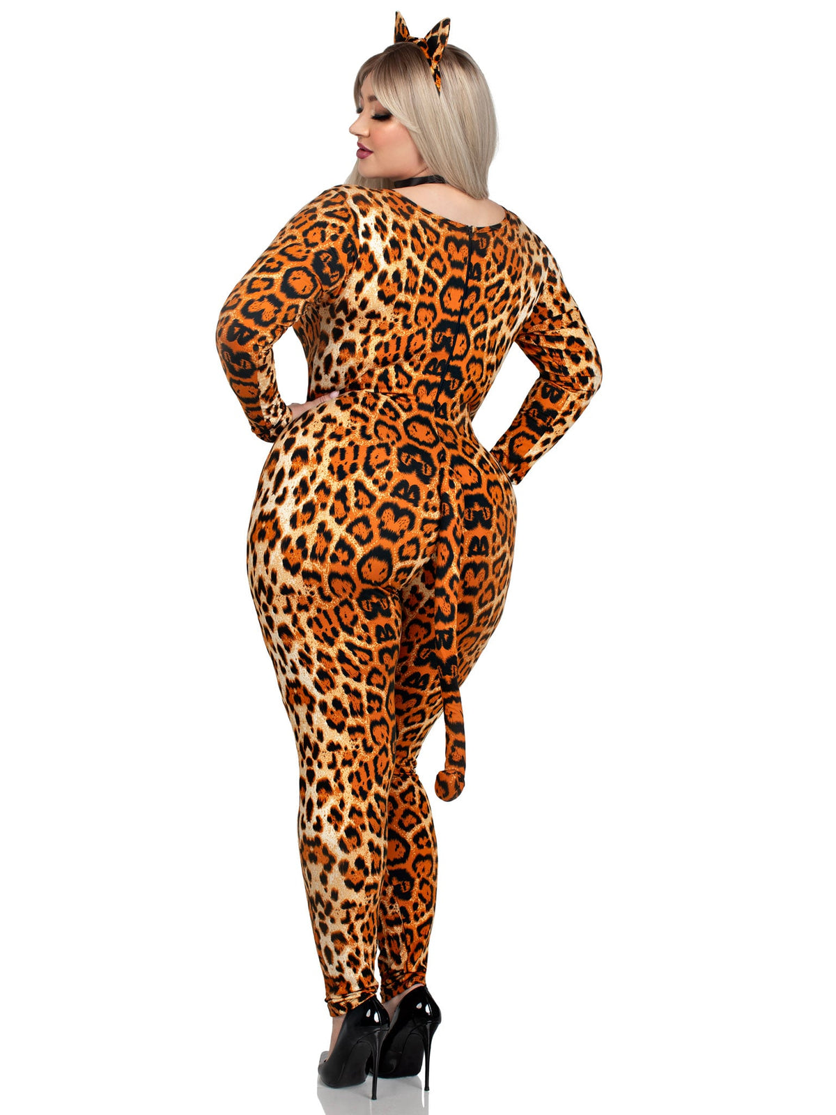 Plus Size 3 PC Cougar Costume, Includes Brushed Spandex Catsuit with Attached Tail, Ear Headband, and Collar with Heart Charm