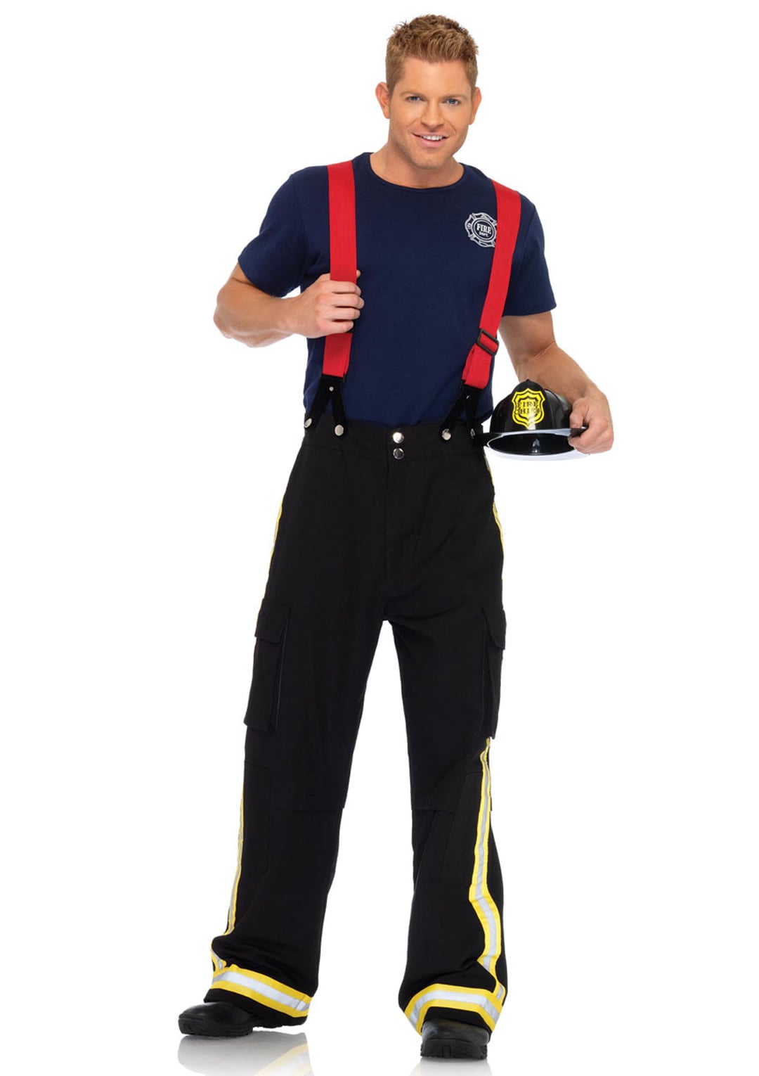 Men's 3 PC Fire Captain Costume, Includes Pants with Reflective Trim, T-Shirt, and Oversized Suspenders