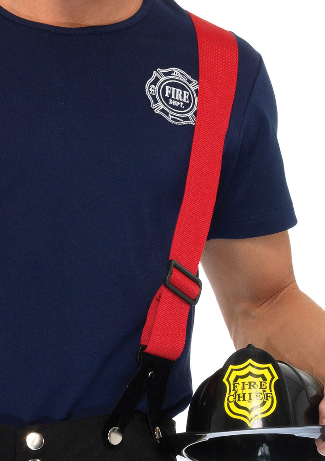 Men's 3 PC Fire Captain Costume, Includes Pants with Reflective Trim, T-Shirt, and Oversized Suspenders