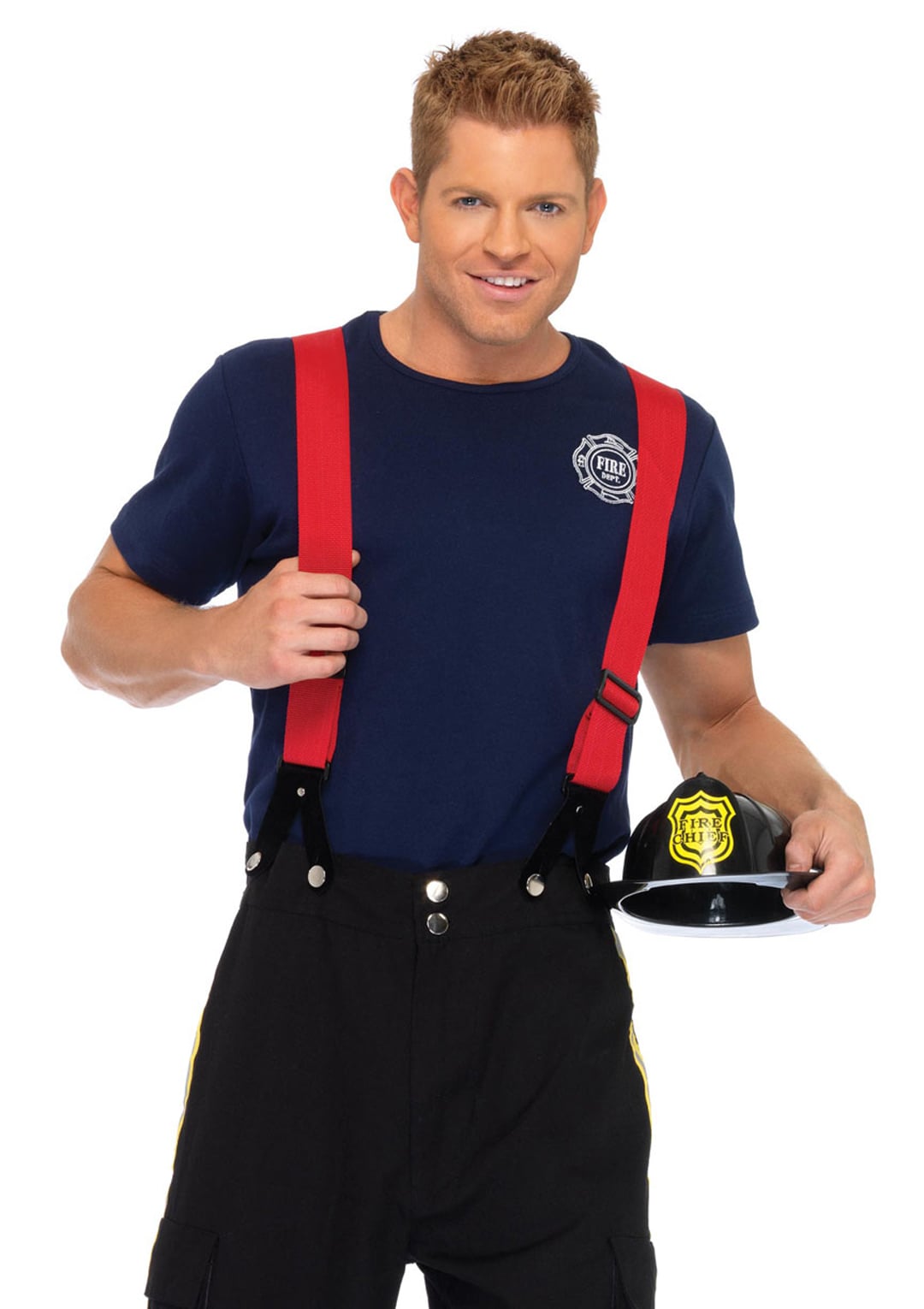 Men's 3 PC Fire Captain Costume, Includes Pants with Reflective Trim, T-Shirt, and Oversized Suspenders