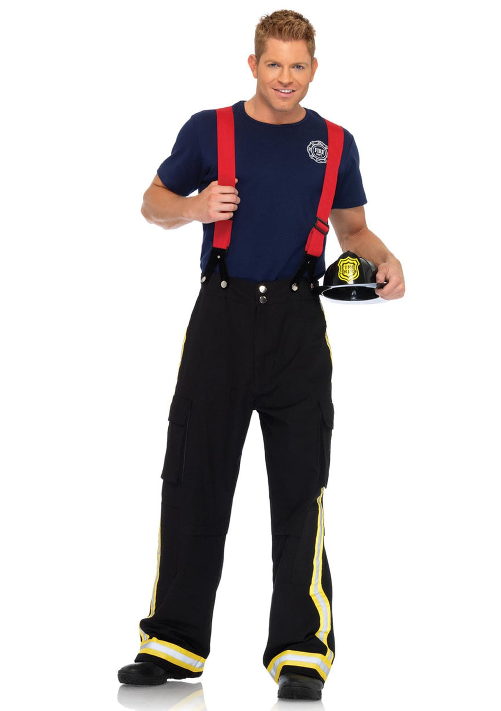 Men's 3 PC Fire Captain Costume, Includes Pants with Reflective Trim, T-Shirt, and Oversized Suspenders