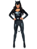 3 PC Feline Femme Fatale Costume, Keyhole Catsuit with Attached Tail, Belt, and Ear Headband