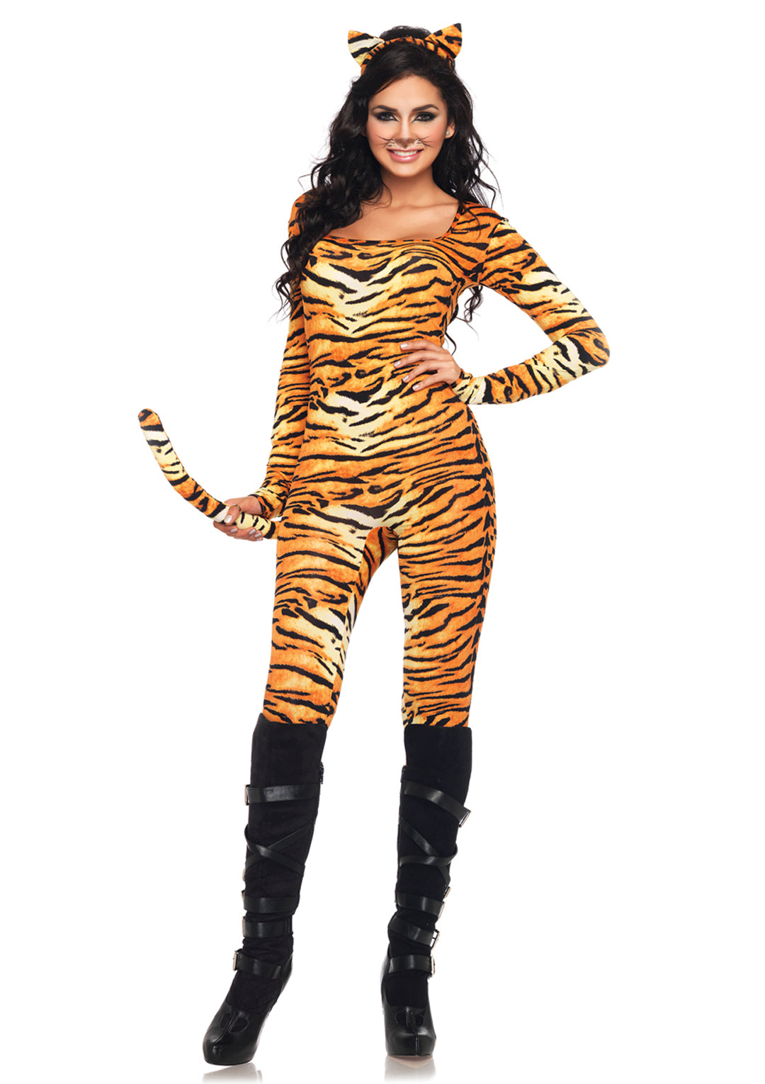 2 PC Wild Tigress Costume, Includes Tiger Print Spandex Catsuit with Attached Tail and Ear Headband