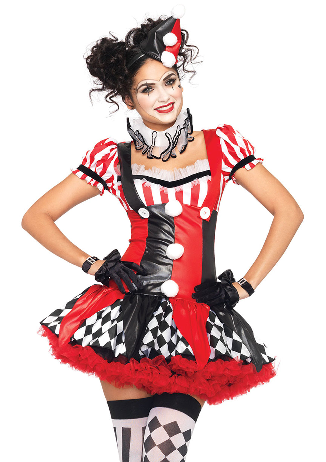 3 PC Harlequin Clown Costume, Includes Ruffle Trimmed Suspender Dress with Pom-Pom Accents, Ruffle Neck Piece, and Pom-Pom Hat