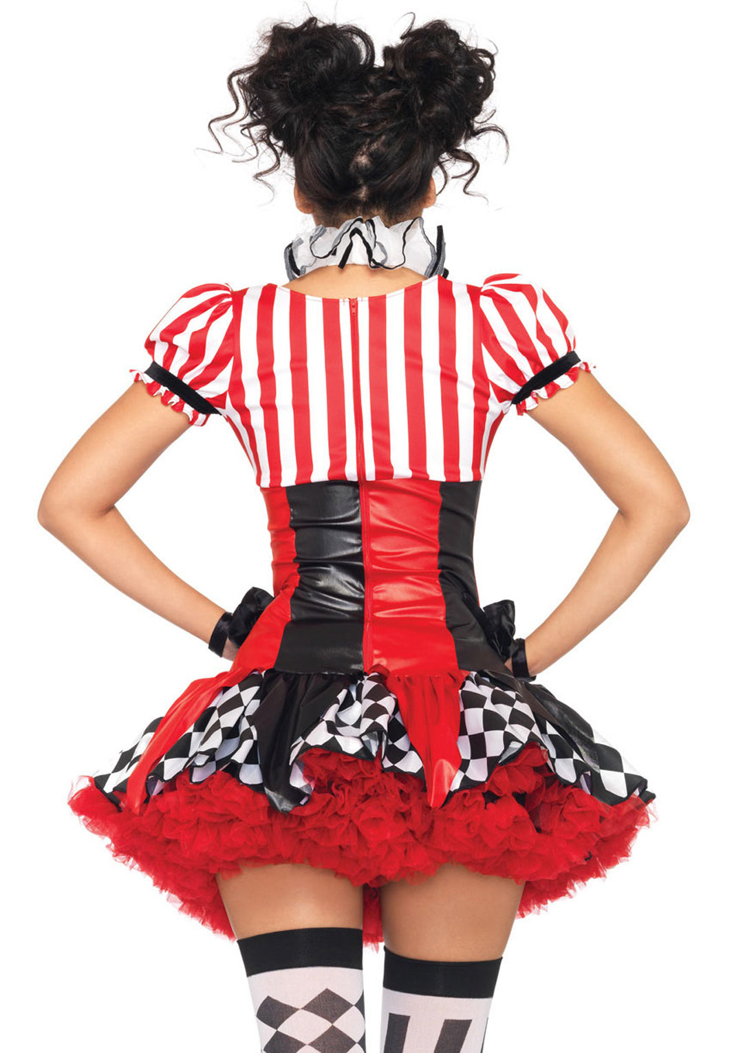 3 PC Harlequin Clown Costume, Includes Ruffle Trimmed Suspender Dress with Pom-Pom Accents, Ruffle Neck Piece, and Pom-Pom Hat