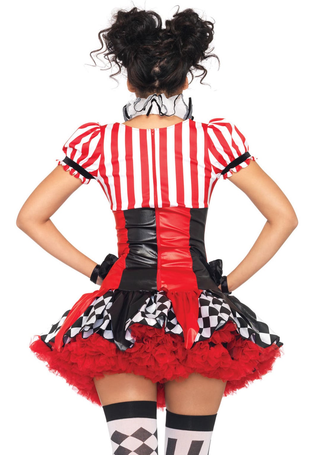 3 PC Harlequin Clown Costume, Includes Ruffle Trimmed Suspender Dress with Pom-Pom Accents, Ruffle Neck Piece, and Pom-Pom Hat