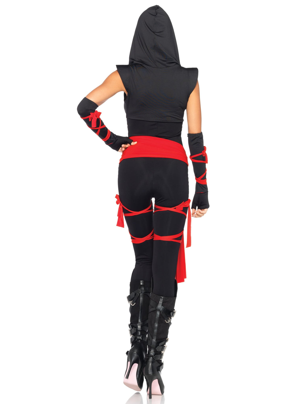 4 PC Deadly Ninja Costume, Includes Deep-V Jumpsuit with Shoulder Guards, Waist Sash, Arm Warmers with Attached Wraps, Face Mask, and Attached Leg Wraps