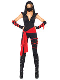 4 PC Deadly Ninja Costume, Includes Deep-V Jumpsuit with Shoulder Guards, Waist Sash, Arm Warmers with Attached Wraps, Face Mask, and Attached Leg Wraps