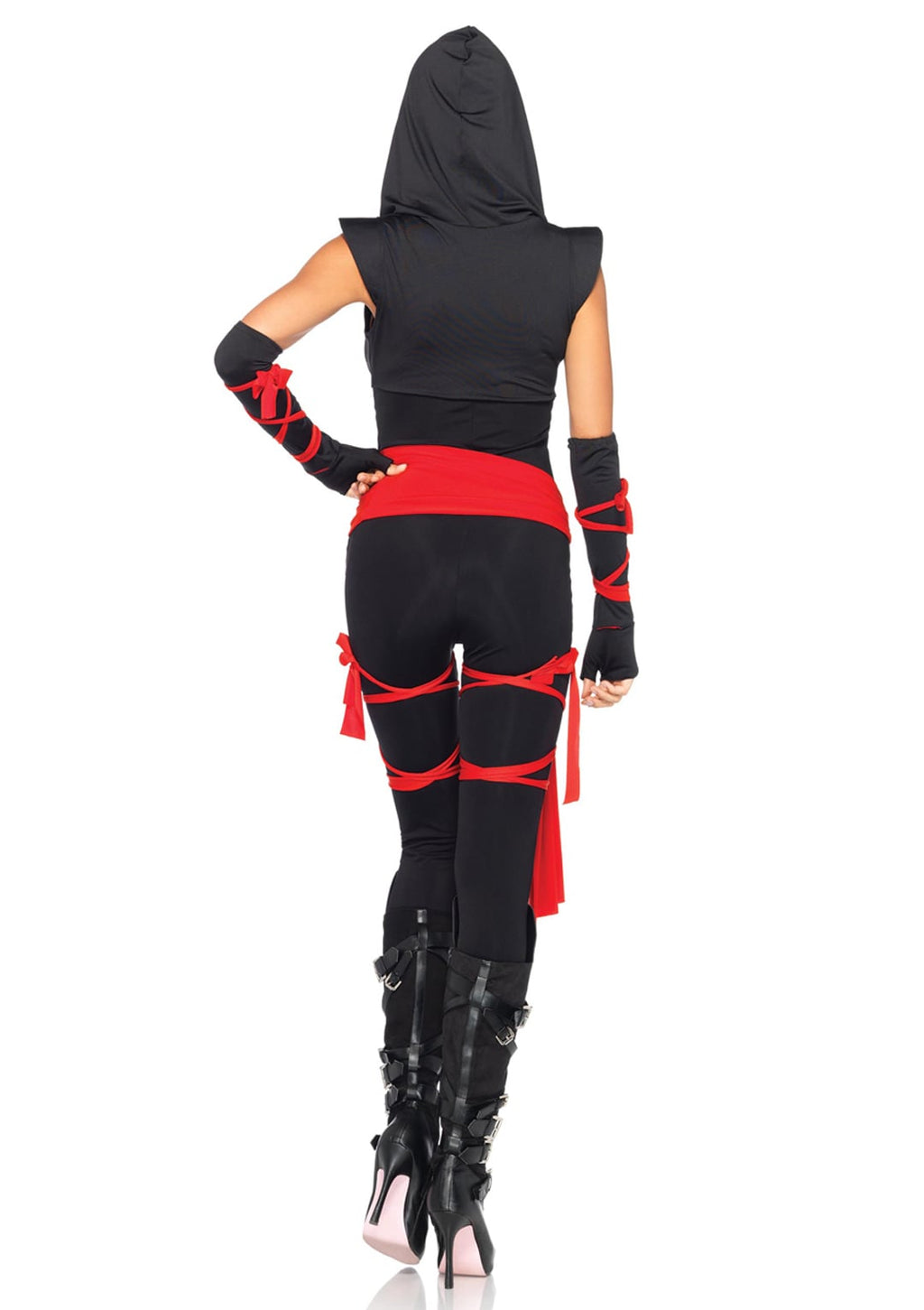 4 PC Deadly Ninja Costume, Includes Deep-V Jumpsuit with Shoulder Guards, Waist Sash, Arm Warmers with Attached Wraps, Face Mask, and Attached Leg Wraps