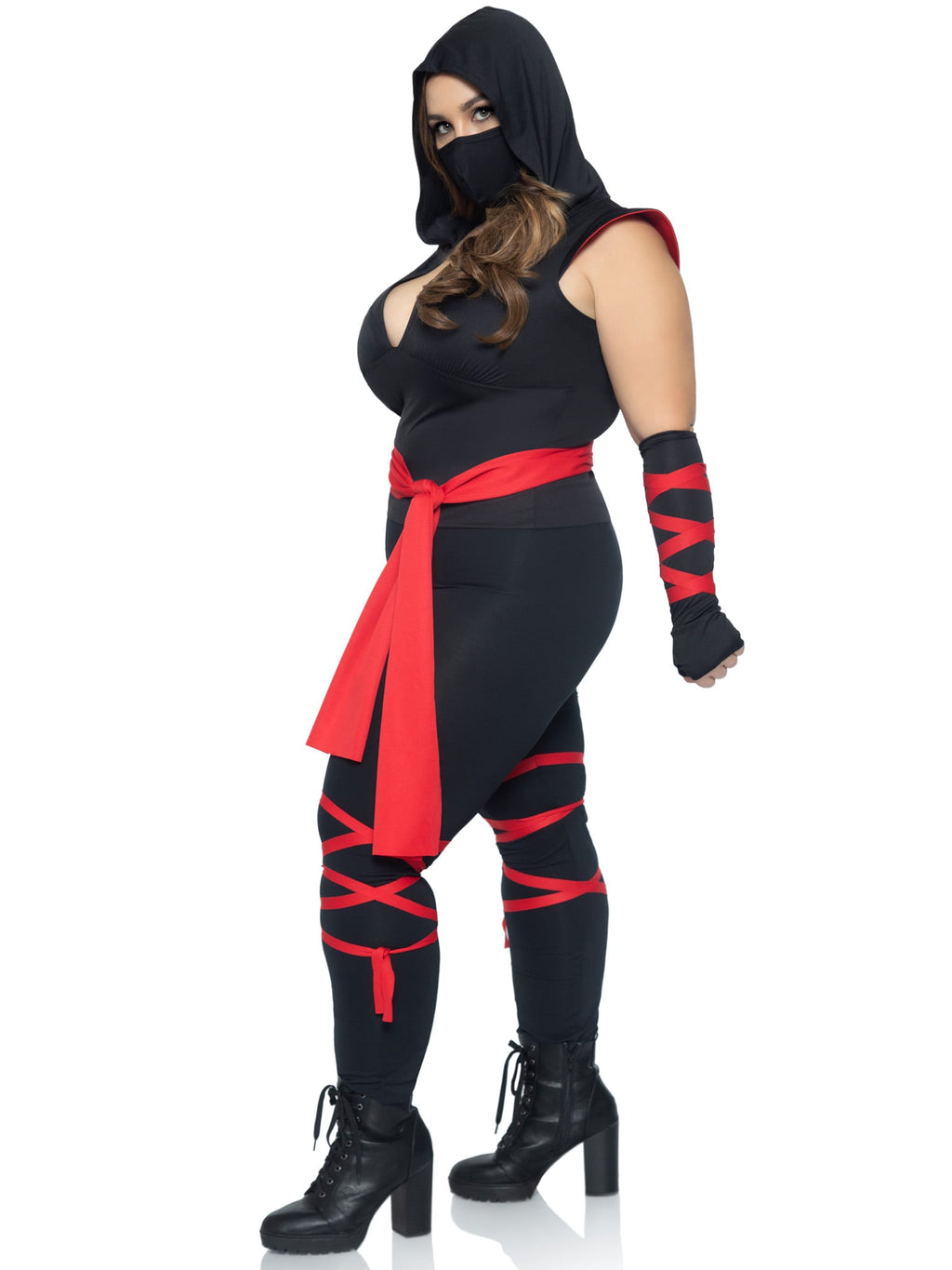 Plus Size 4 PC Deadly Ninja Costume, Includes Deep-V Jumpsuit with Shoulder Guards, Waist Sash, Arm Warmers with Attached Wraps, Face Mask, and Attached Leg Wraps