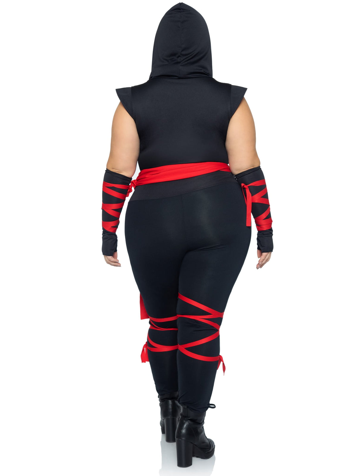 Plus Size 4 PC Deadly Ninja Costume, Includes Deep-V Jumpsuit with Shoulder Guards, Waist Sash, Arm Warmers with Attached Wraps, Face Mask, and Attached Leg Wraps