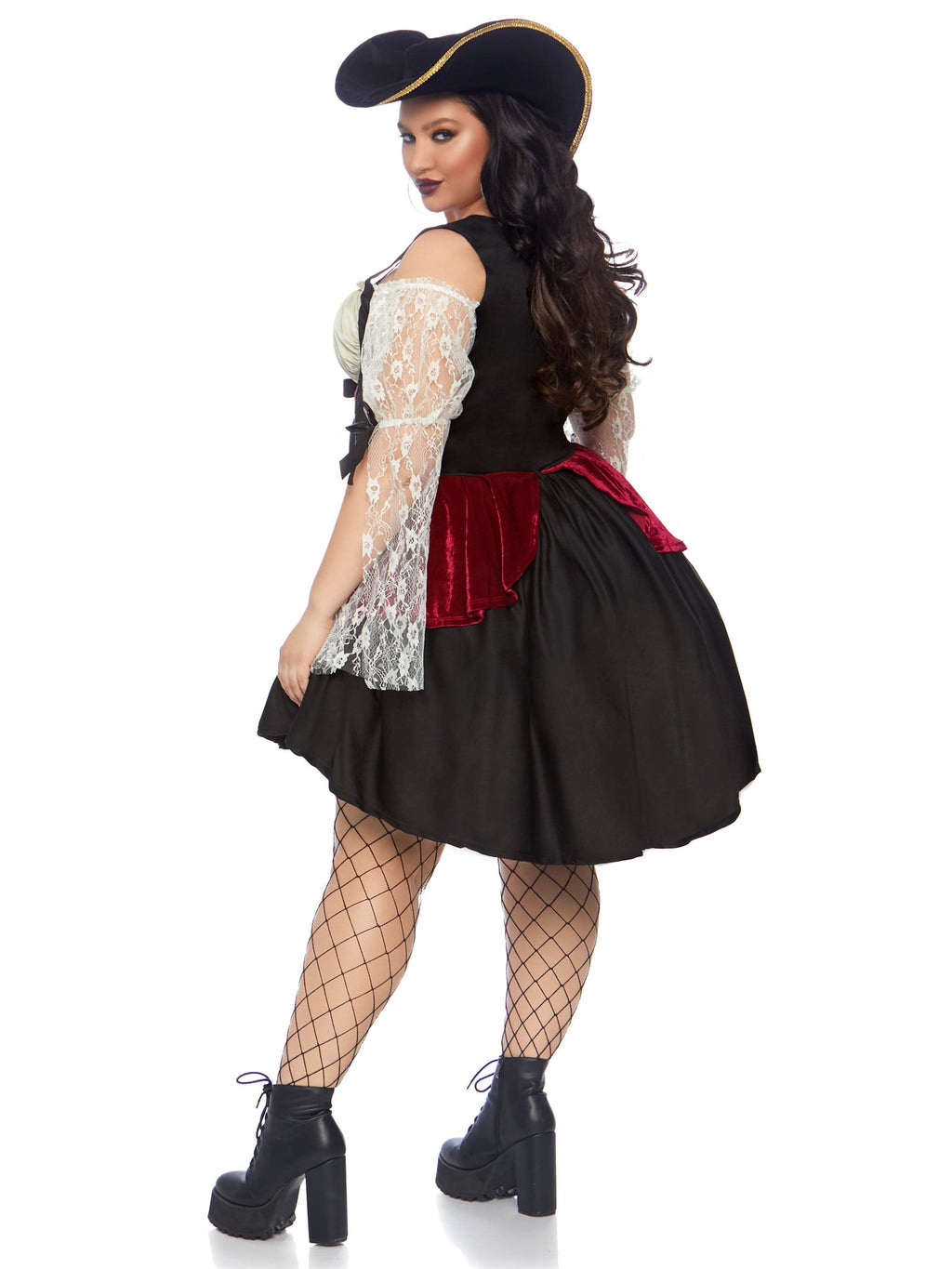 Plus Size 1 PC Wicked Wench Costume, Includes Peasant Dress with Lace Sleeves, High Low Skirt, and Brocade Waist with Satin Lace up Detail