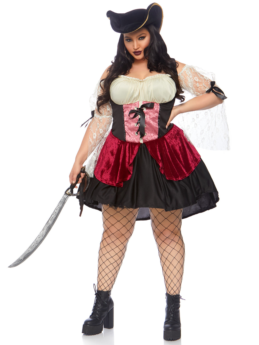 Plus Size 1 PC Wicked Wench Costume, Includes Peasant Dress with Lace Sleeves, High Low Skirt, and Brocade Waist with Satin Lace up Detail