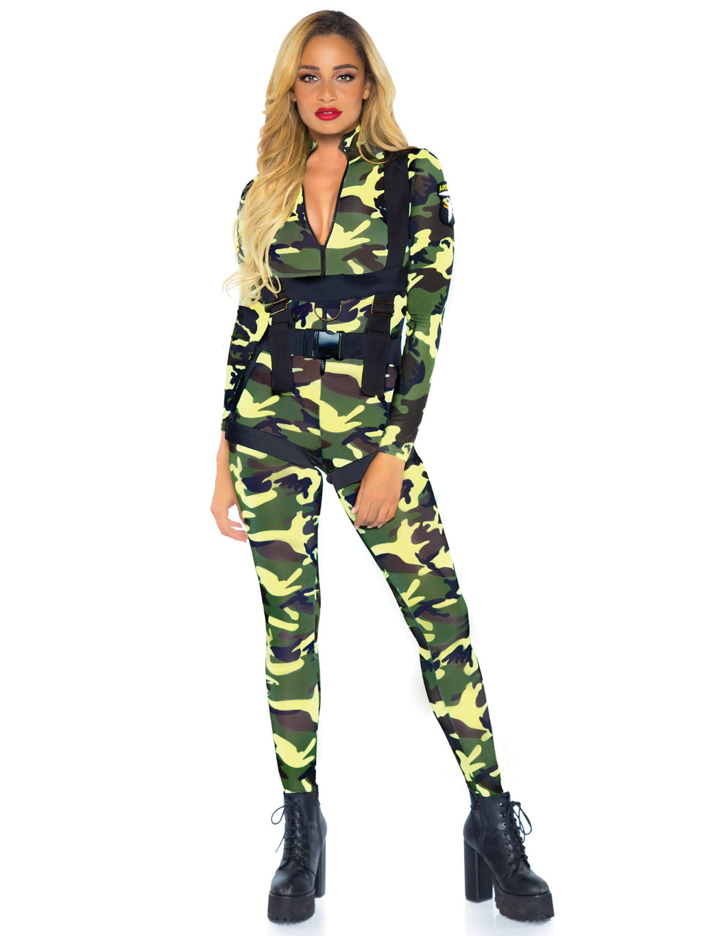 2 PC Pretty Paratrooper Costume, Includes Zipper Front Spandex Camo Jumpsuit and Body Harness