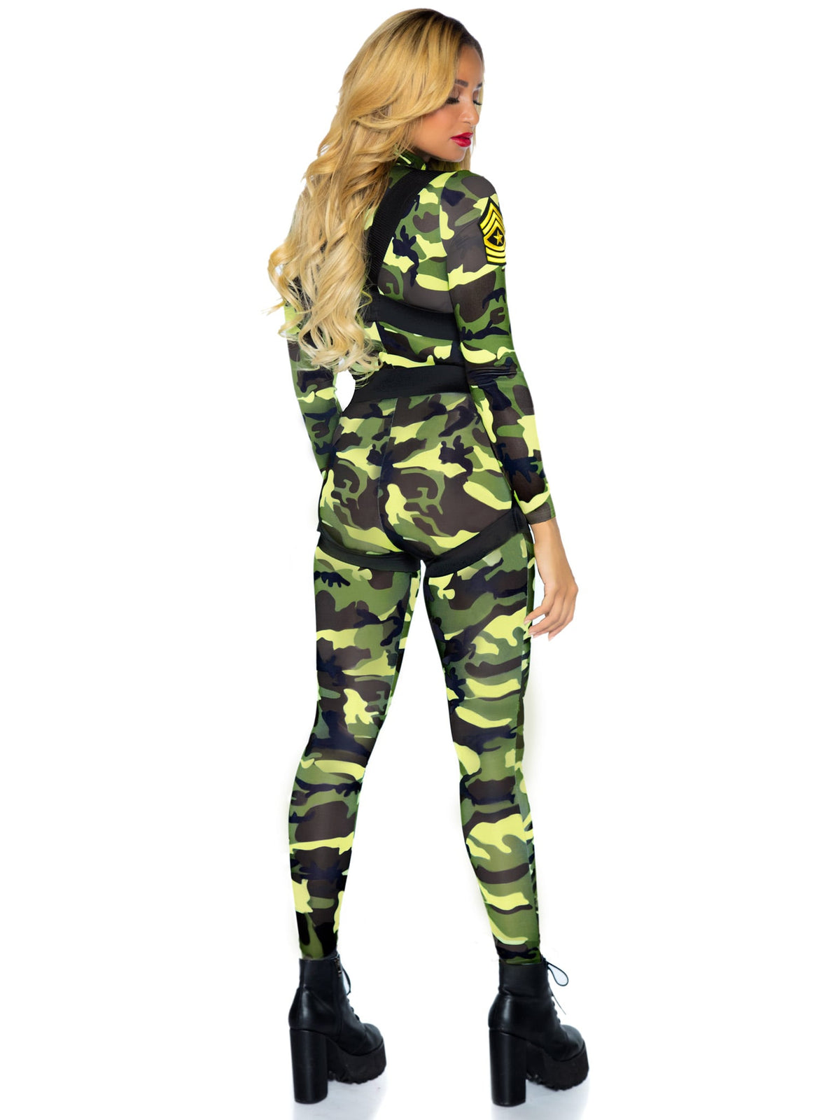 2 PC Pretty Paratrooper Costume, Includes Zipper Front Spandex Camo Jumpsuit and Body Harness