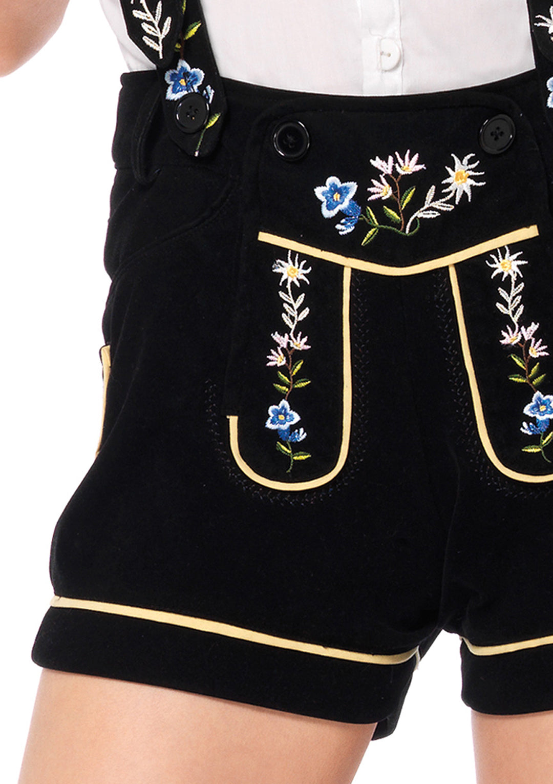 2 PC Edelweiss Lederhosen Costume, Includes Embroidered Stretch Velveteen Lederhosen with Authentic Bib Suspenders and Peasant Top