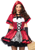 2 PC Gothic Red Riding Hood Costume, Includes Satin and Brocade Peasant Dress with Woven Ribbon Venice Lace Trim and Hooded Cape