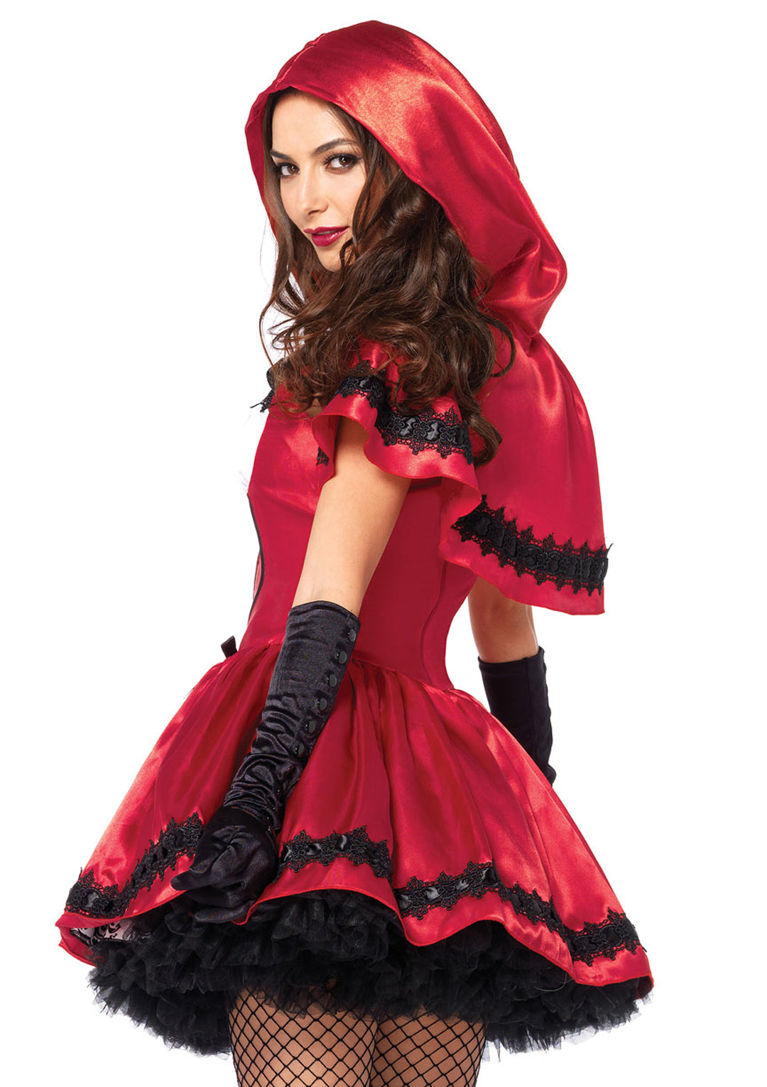 2 PC Gothic Red Riding Hood Costume, Includes Satin and Brocade Peasant Dress with Woven Ribbon Venice Lace Trim and Hooded Cape