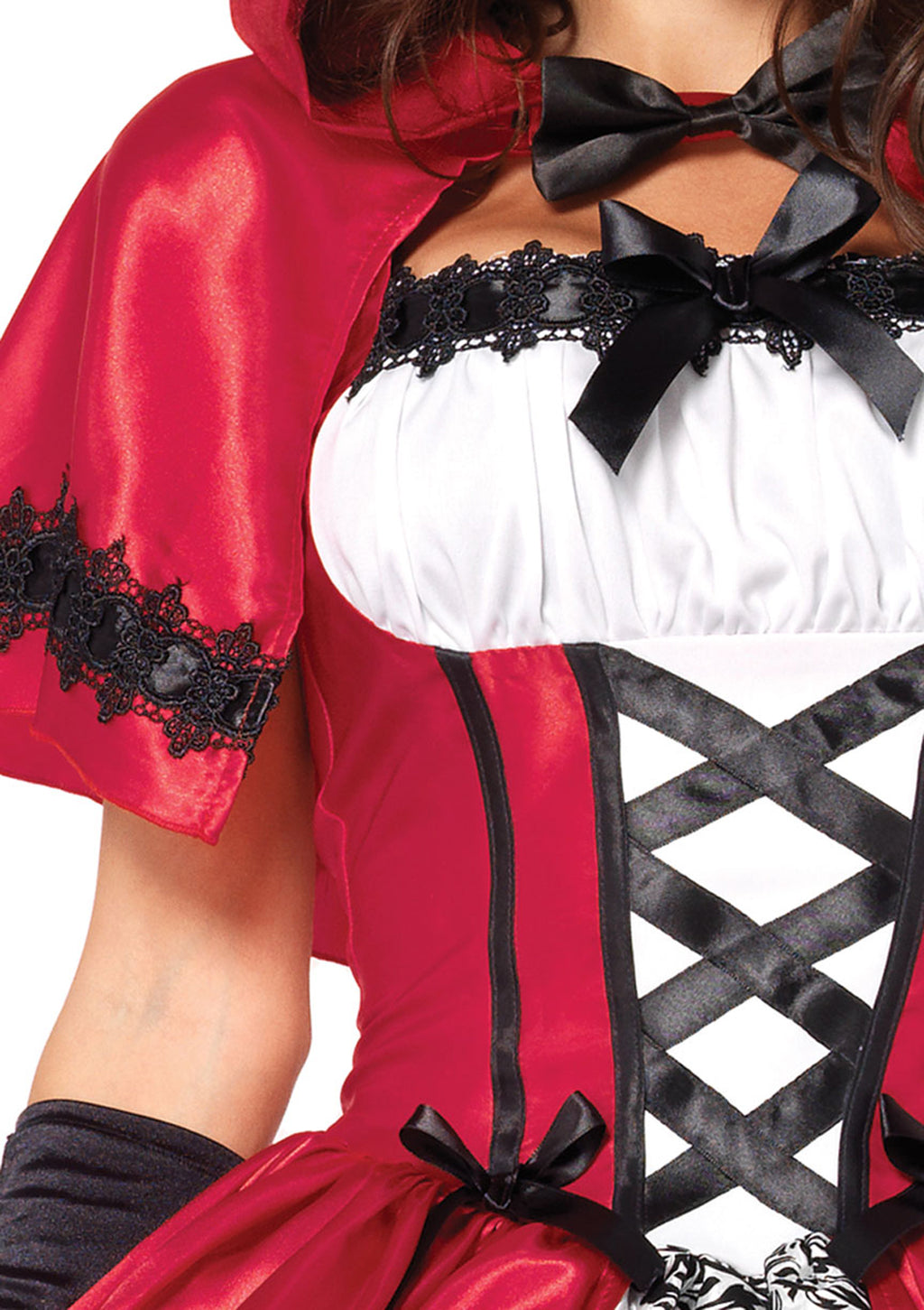 2 PC Gothic Red Riding Hood Costume, Includes Satin and Brocade Peasant Dress with Woven Ribbon Venice Lace Trim and Hooded Cape