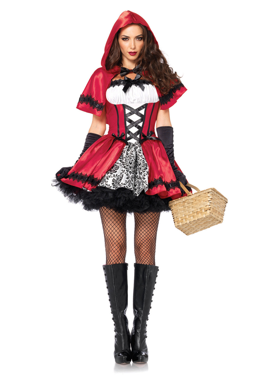 2 PC Gothic Red Riding Hood Costume, Includes Satin and Brocade Peasant Dress with Woven Ribbon Venice Lace Trim and Hooded Cape