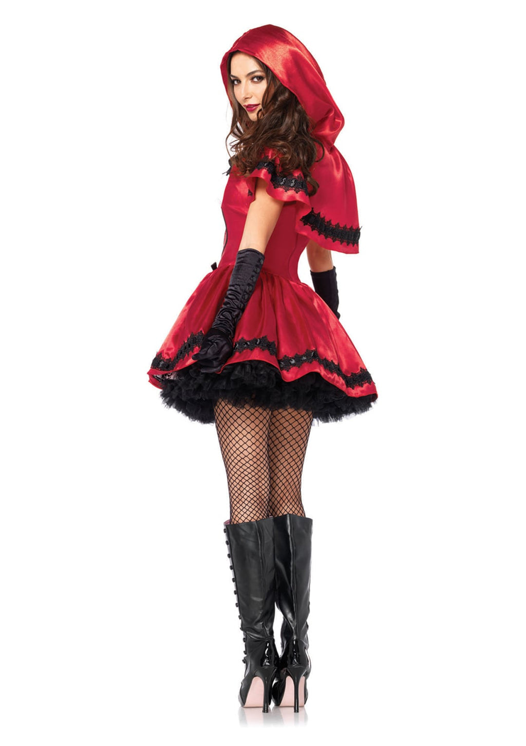 2 PC Gothic Red Riding Hood Costume, Includes Satin and Brocade Peasant Dress with Woven Ribbon Venice Lace Trim and Hooded Cape