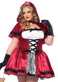 Plus Size 2 PC Gothic Red Riding Hood Costume, Includes Satin and Brocade Peasant Dress with Woven Ribbon Venice Lace Trim and Hooded Cape