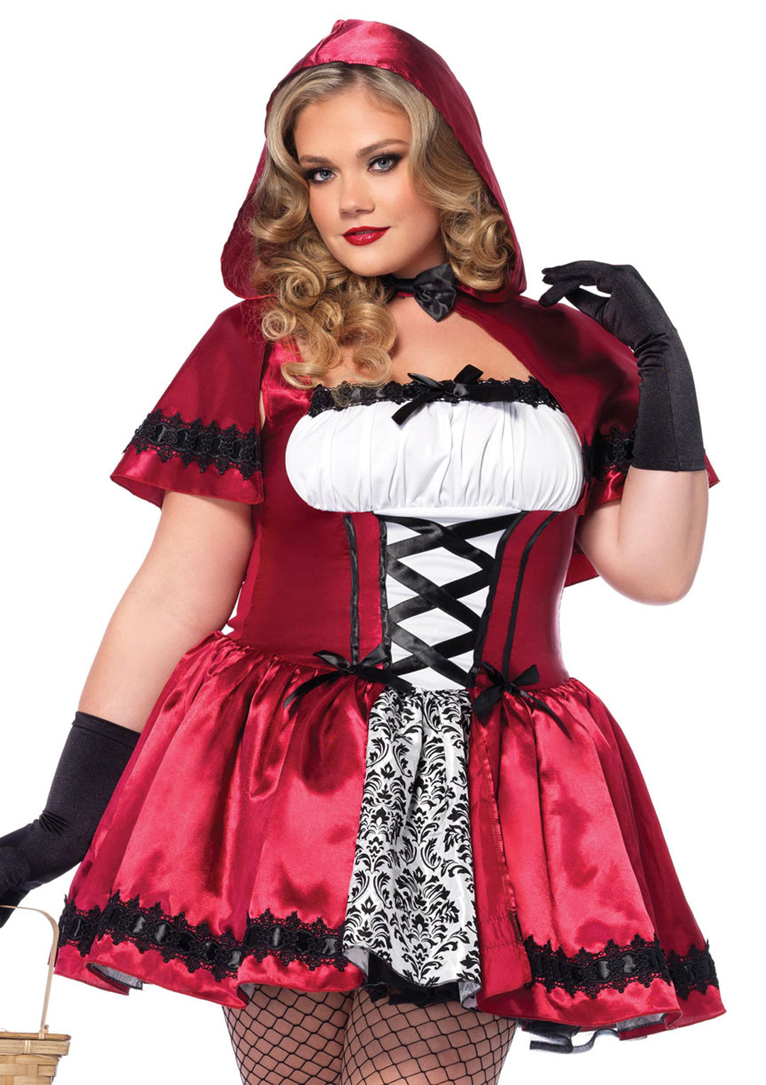 Plus Size 2 PC Gothic Red Riding Hood Costume, Includes Satin and Brocade Peasant Dress with Woven Ribbon Venice Lace Trim and Hooded Cape