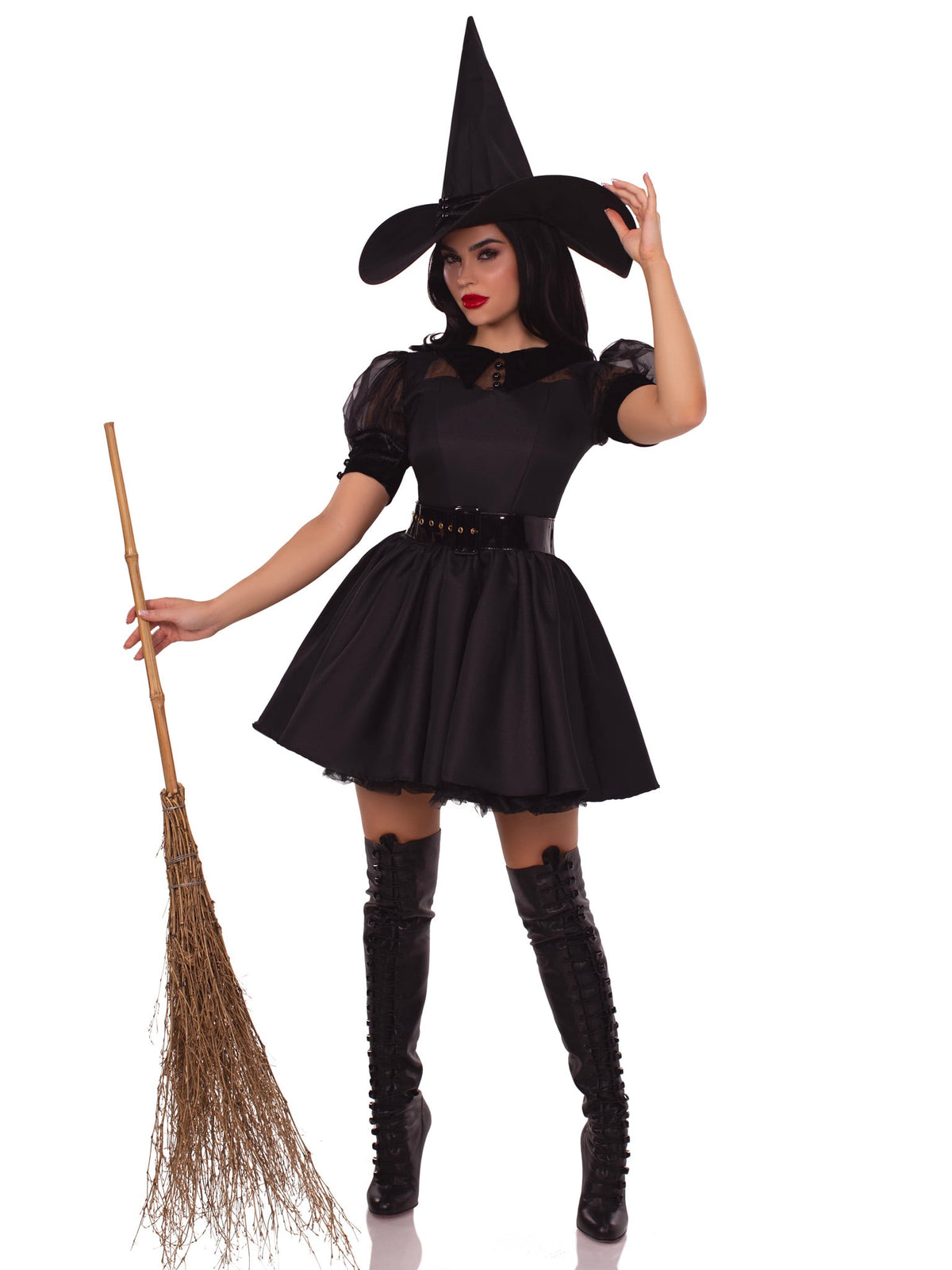 3 PC Bewitching Witch Costume, Includes Vintage Inspired Dress with Organza and Velvet Collard Bodice, Wide Belt, and Witch Hat