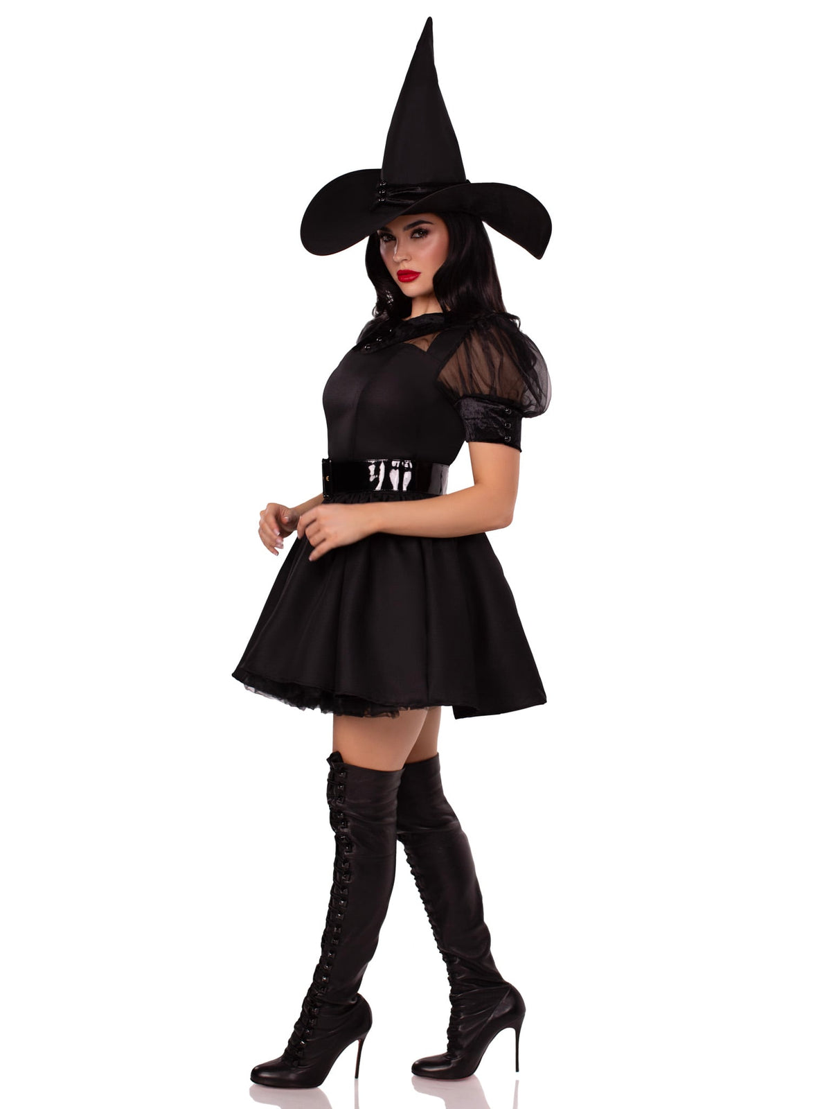 3 PC Bewitching Witch Costume, Includes Vintage Inspired Dress with Organza and Velvet Collard Bodice, Wide Belt, and Witch Hat