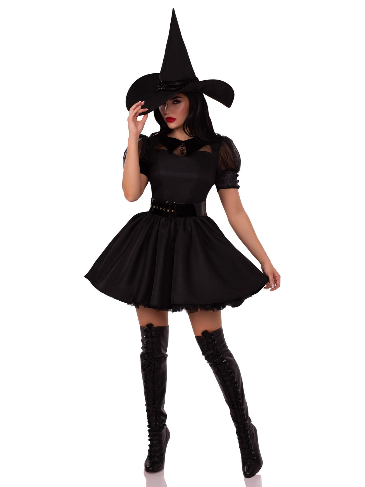 3 PC Bewitching Witch Costume, Includes Vintage Inspired Dress with Organza and Velvet Collard Bodice, Wide Belt, and Witch Hat