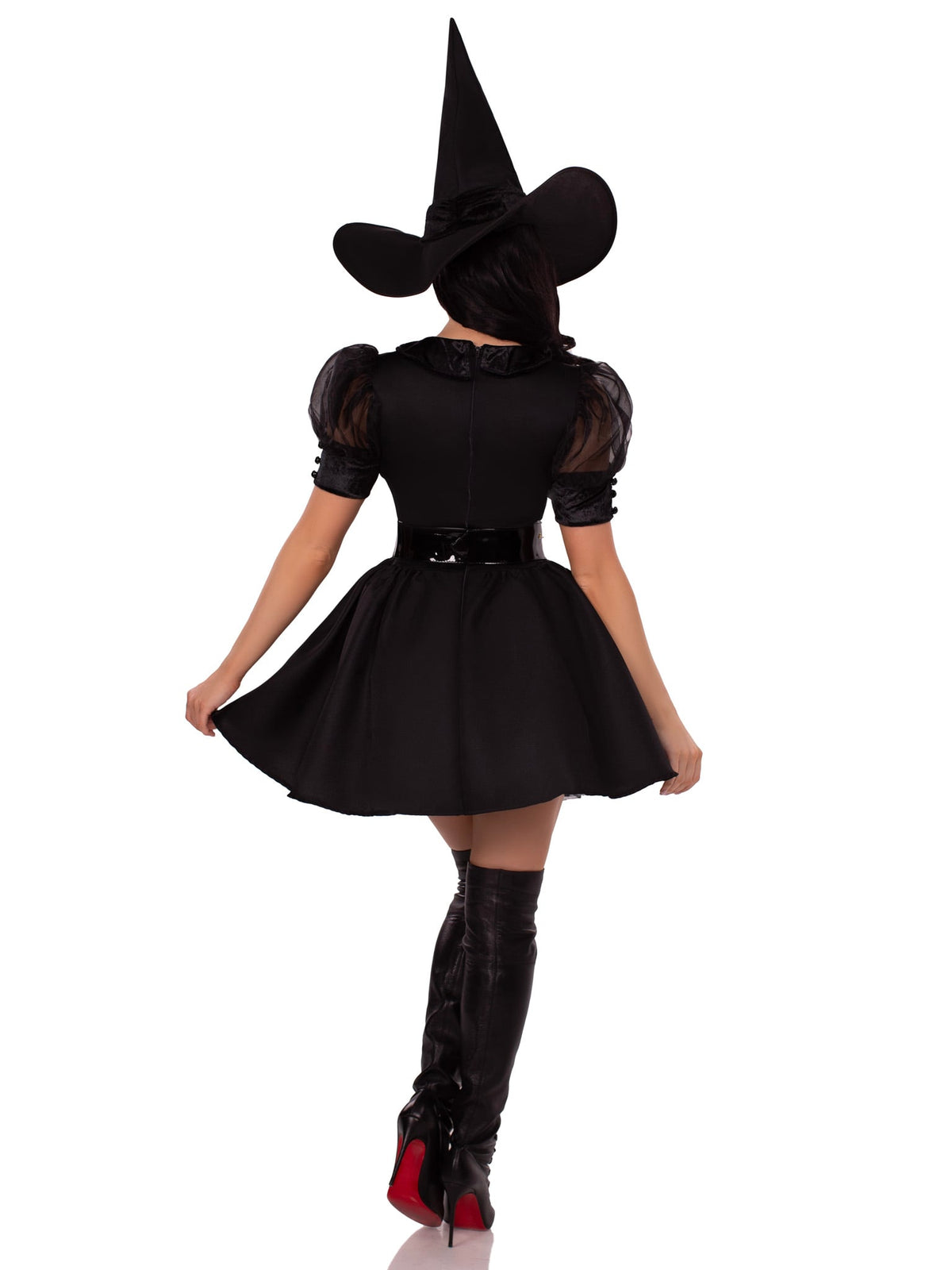 3 PC Bewitching Witch Costume, Includes Vintage Inspired Dress with Organza and Velvet Collard Bodice, Wide Belt, and Witch Hat