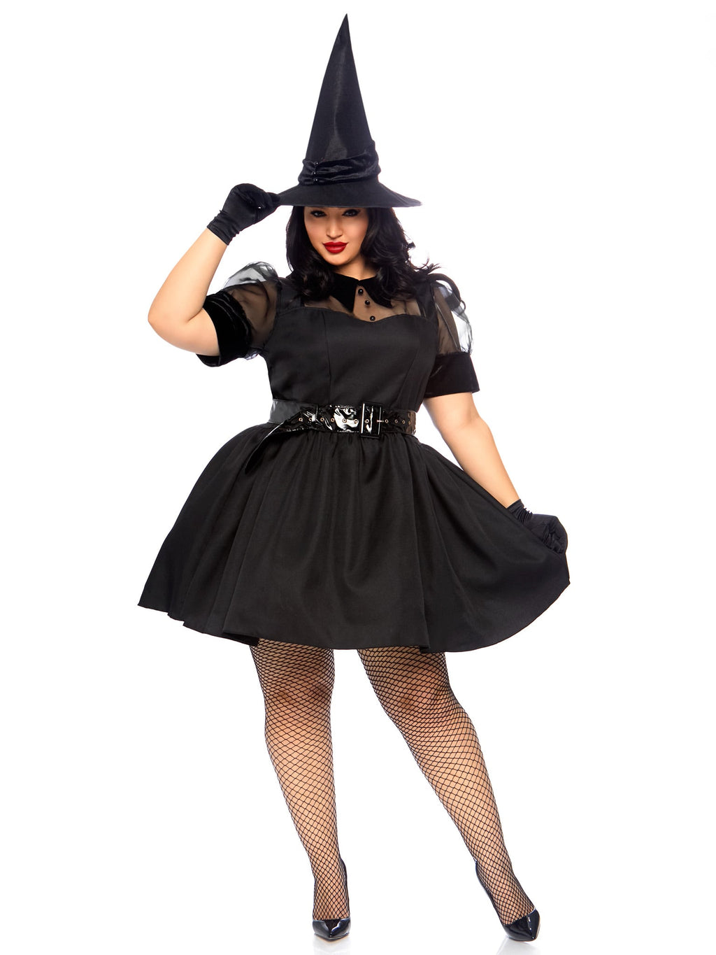 Plus Size 3 PC Bewitching Witch Costume, Includes Vintage Inspired Dress with Organza and Velvet Collard Bodice, Wide Belt, and Witch Hat