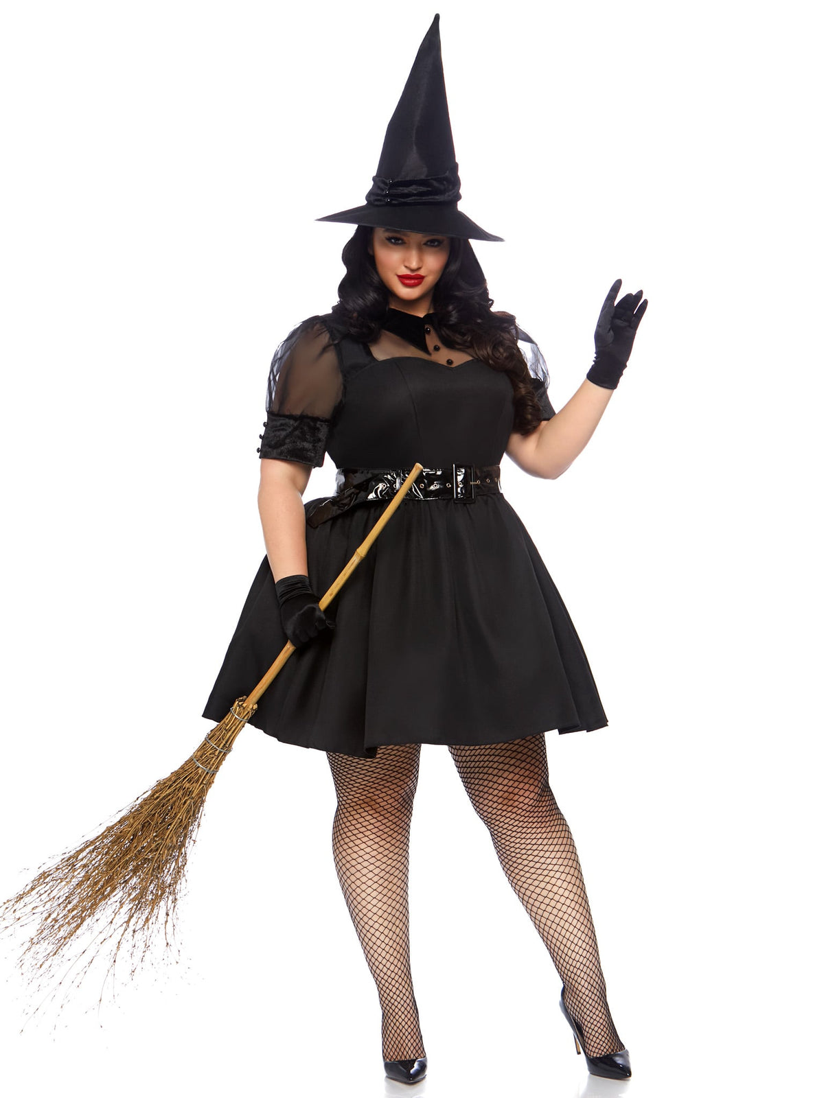 Plus Size 3 PC Bewitching Witch Costume, Includes Vintage Inspired Dress with Organza and Velvet Collard Bodice, Wide Belt, and Witch Hat