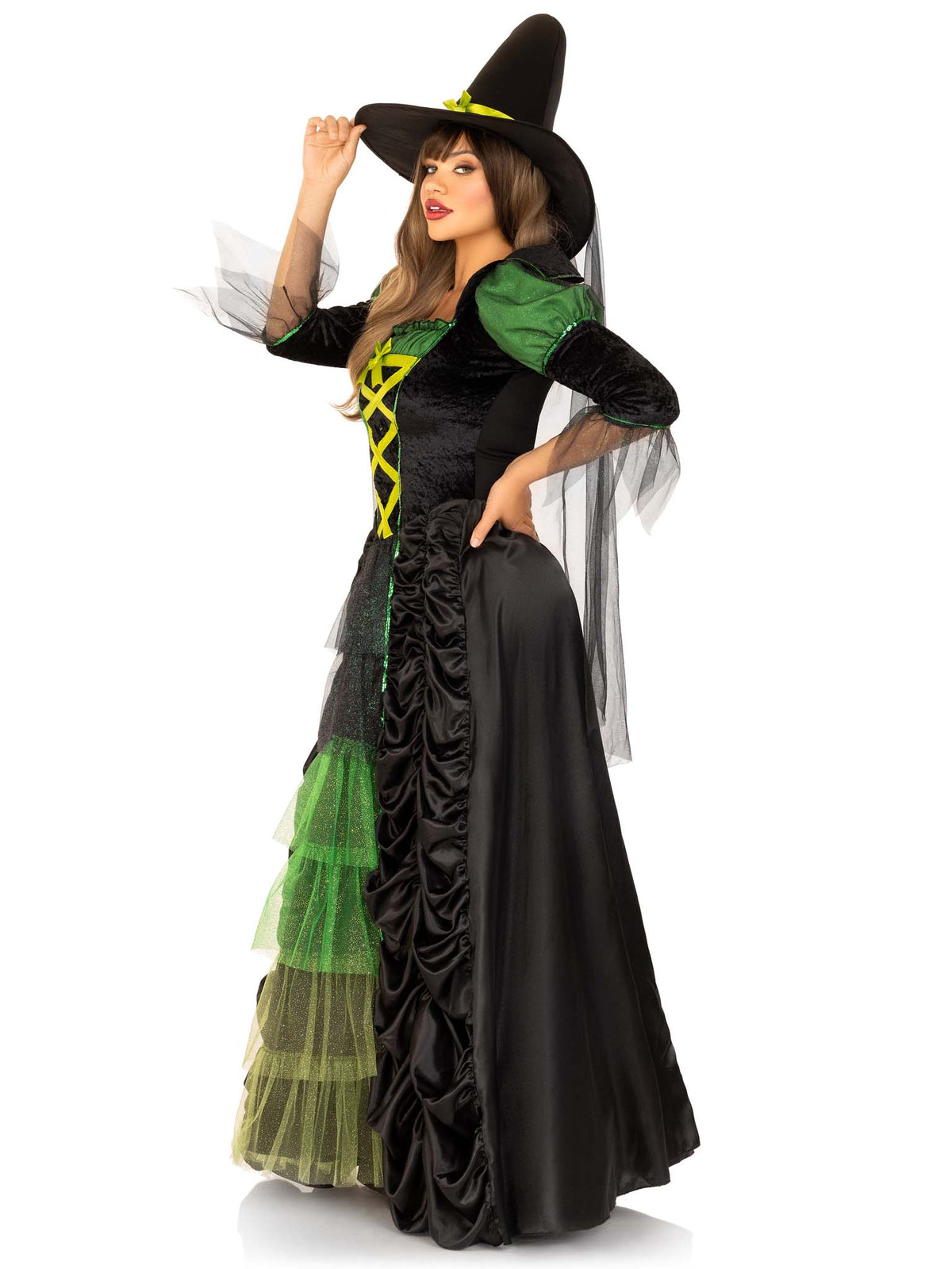 3 PC Storybook Witch Costume, Includes Ruched Dress with Tiered Glitter Tulle Center Panel, Long Petticoat, and Witch Hat with Veil