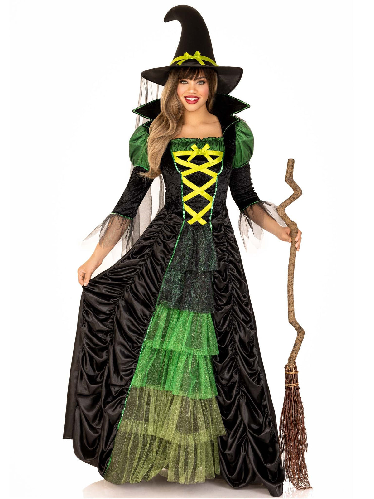 3 PC Storybook Witch Costume, Includes Ruched Dress with Tiered Glitter Tulle Center Panel, Long Petticoat, and Witch Hat with Veil