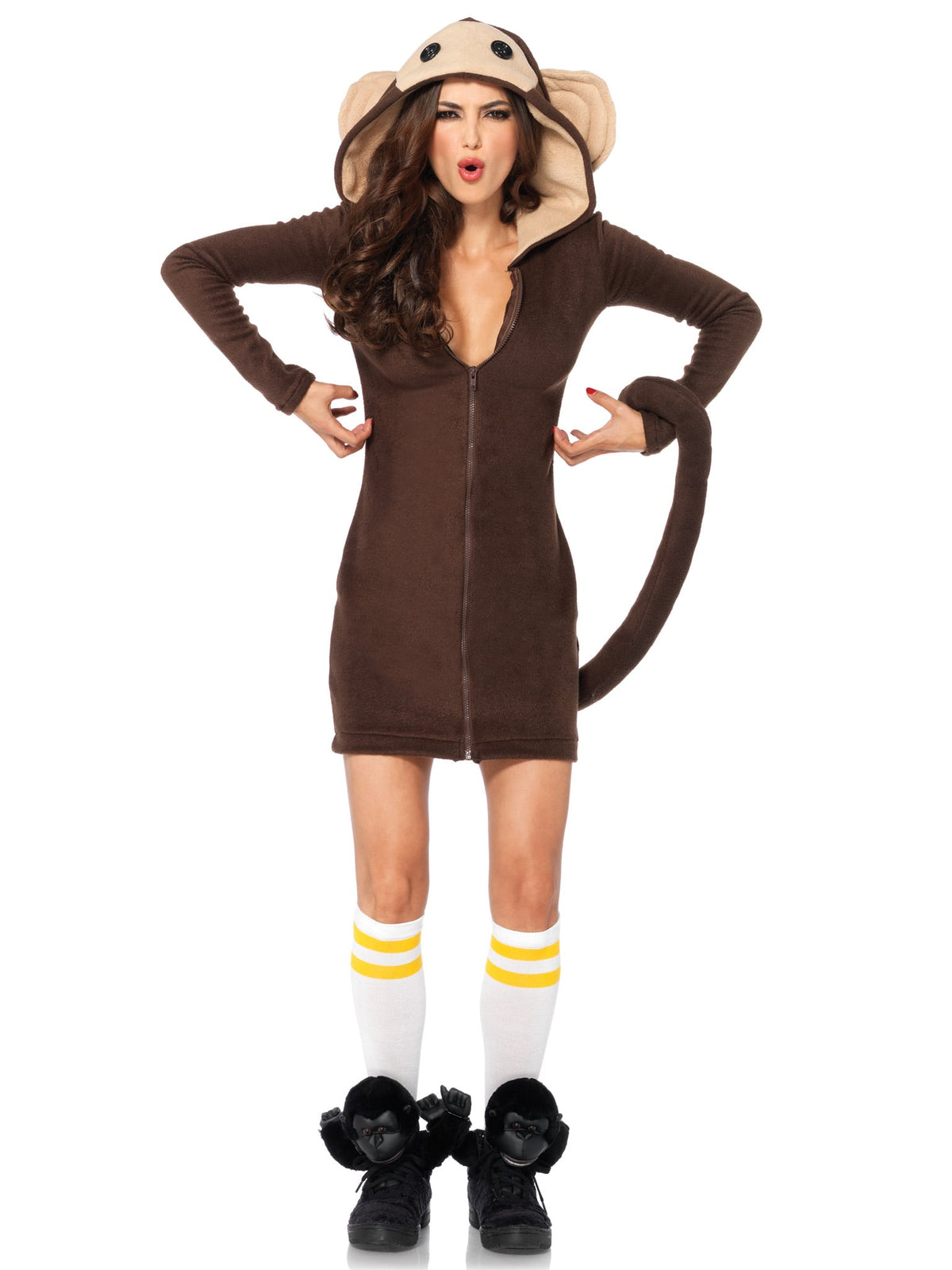 1 PC Cozy Monkey Costume, Includes Zipper Front Fleece Dress with Cheeky Banana Accent, Attached Long Curly Tail, and Funny Face Hood with Silly Ears