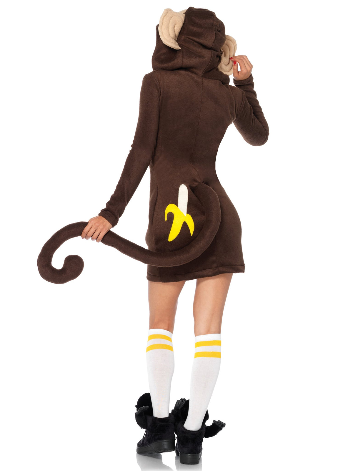 1 PC Cozy Monkey Costume, Includes Zipper Front Fleece Dress with Cheeky Banana Accent, Attached Long Curly Tail, and Funny Face Hood with Silly Ears