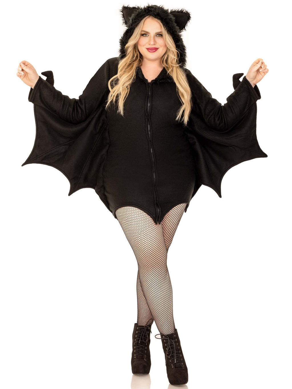 Plus Size 1 PC Cozy Bat Costume, Includes Zipper Front Fleece Dress with Awesome Bat Wing Sleeves and Furry Ear Hood